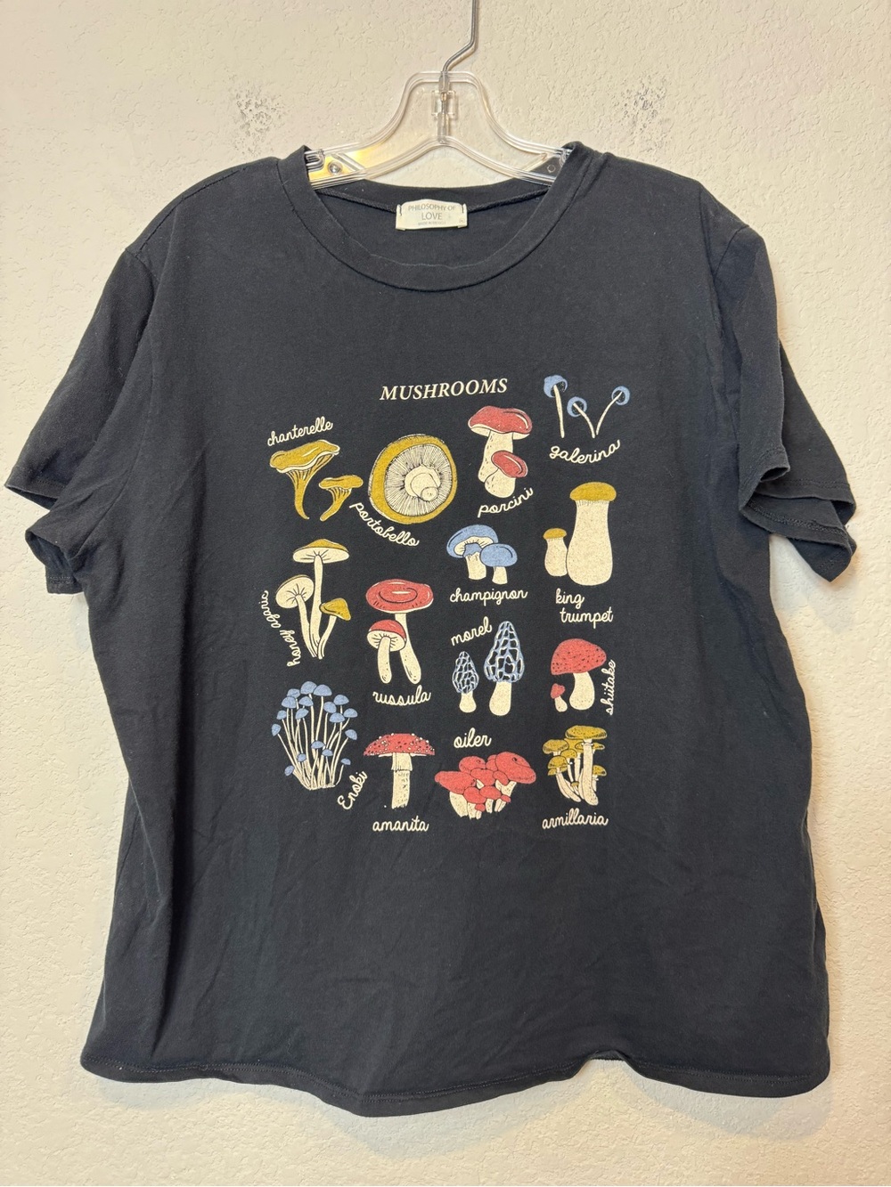 Philosophy of Love Black GraphicTee with Colorful Mushroom Chart Women’s size XL